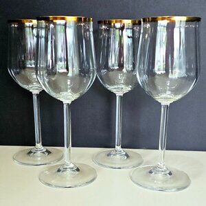 4 Crystal Clear Romy Gold Wine Glasses 7.5" optic bowl tarnished gold rim